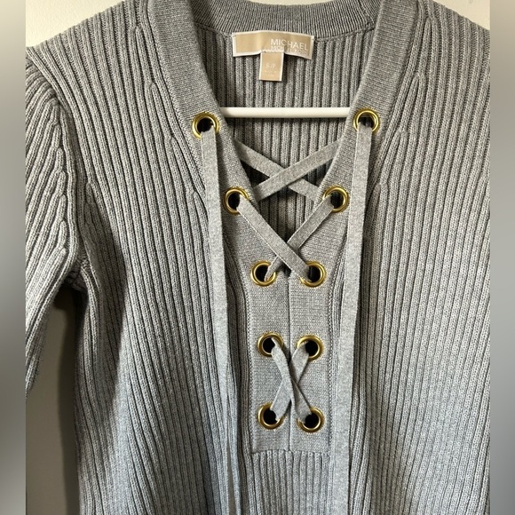 Michael Kors Lace Up Grey 3/4 Sleeve Ribbed Sweater - Picture 2 of 4